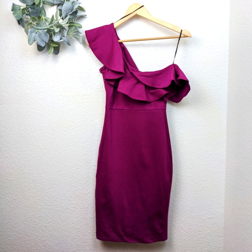 Lulu's One-Shoulder Ruffle Midi Dress in Deep Magenta